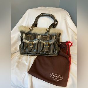 COACH Limited Edition Shearling Green Leather Tote Bag 8B06.